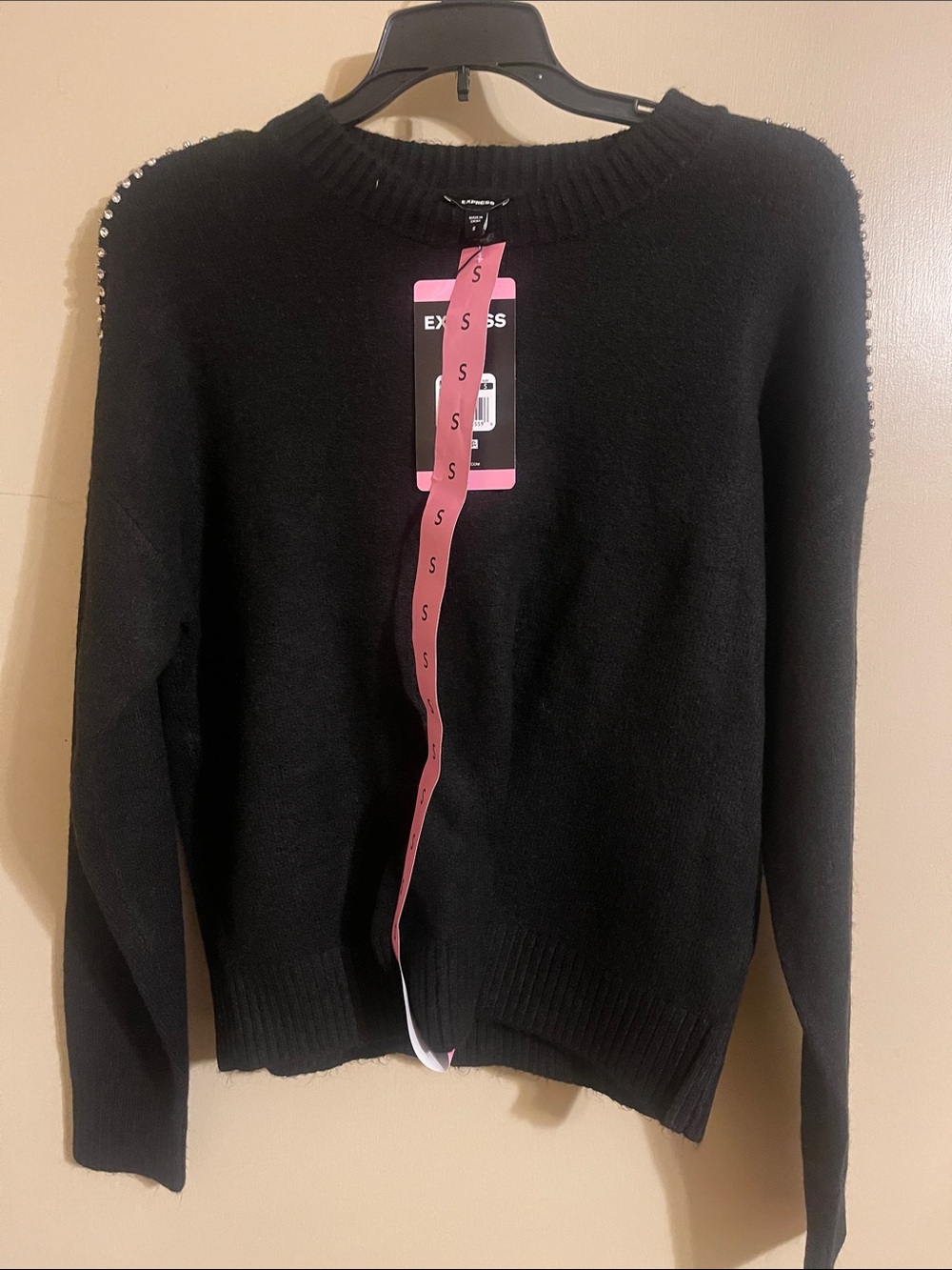 Express Black Crewneck Sweater with Shoulder Stud Detail